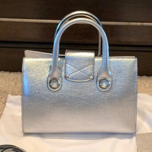 Jimmy Choo Silver Satchel with Structured Design and Top Handles - Picture 8 of 13